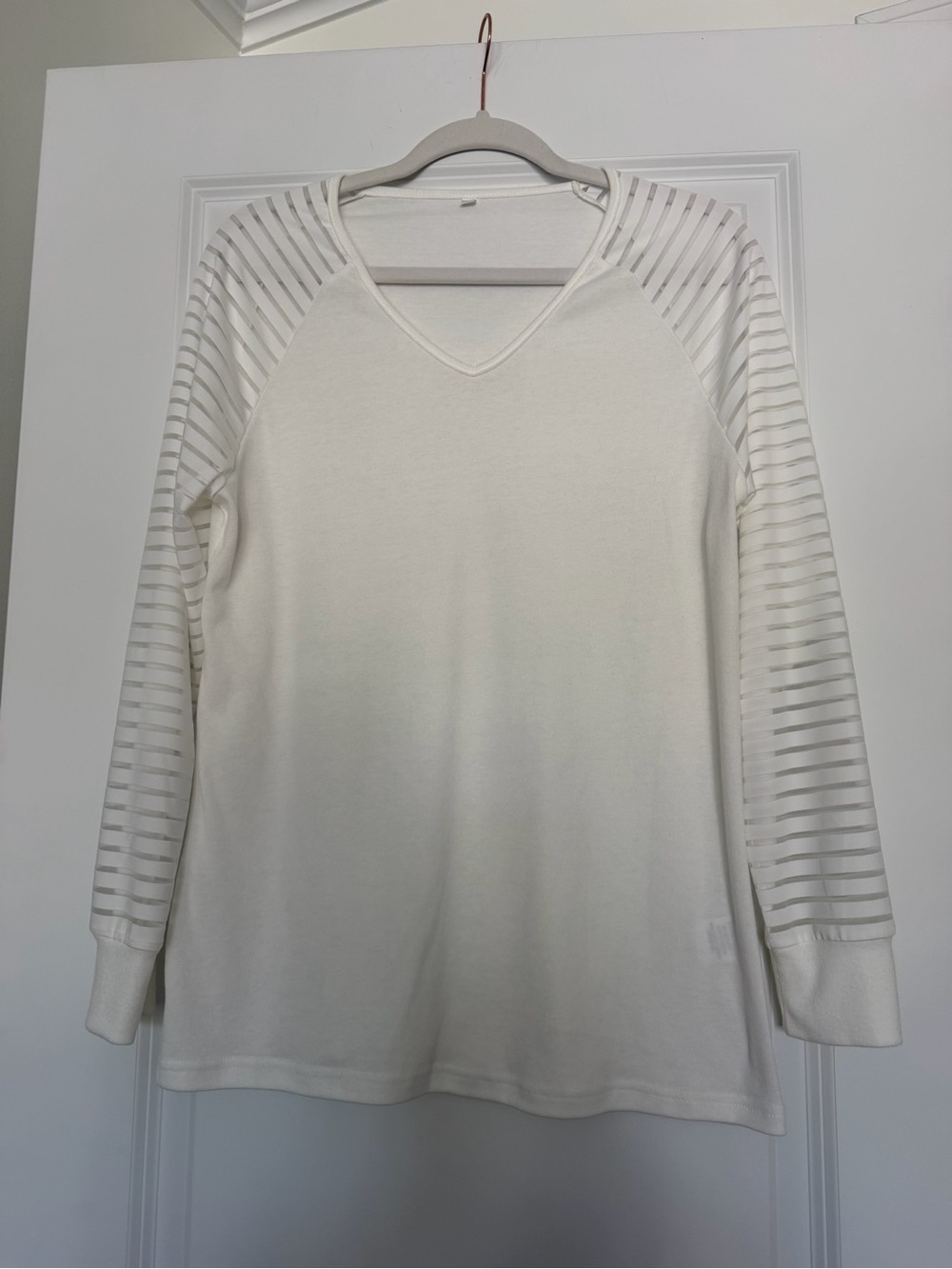 Women’s Cream Long-Sleeve V-Neck Top with Sheer Stripe Sleeves